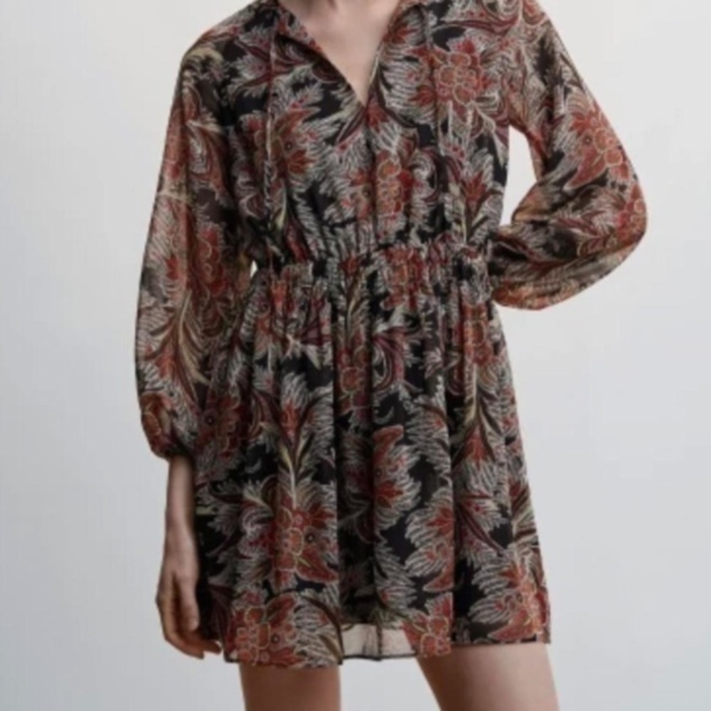 NWT Mango floral chiffon long sleeve mini dress - Picture 2 of 10